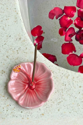 Hibiscus Ceramic Incense Holder - Sunset Red